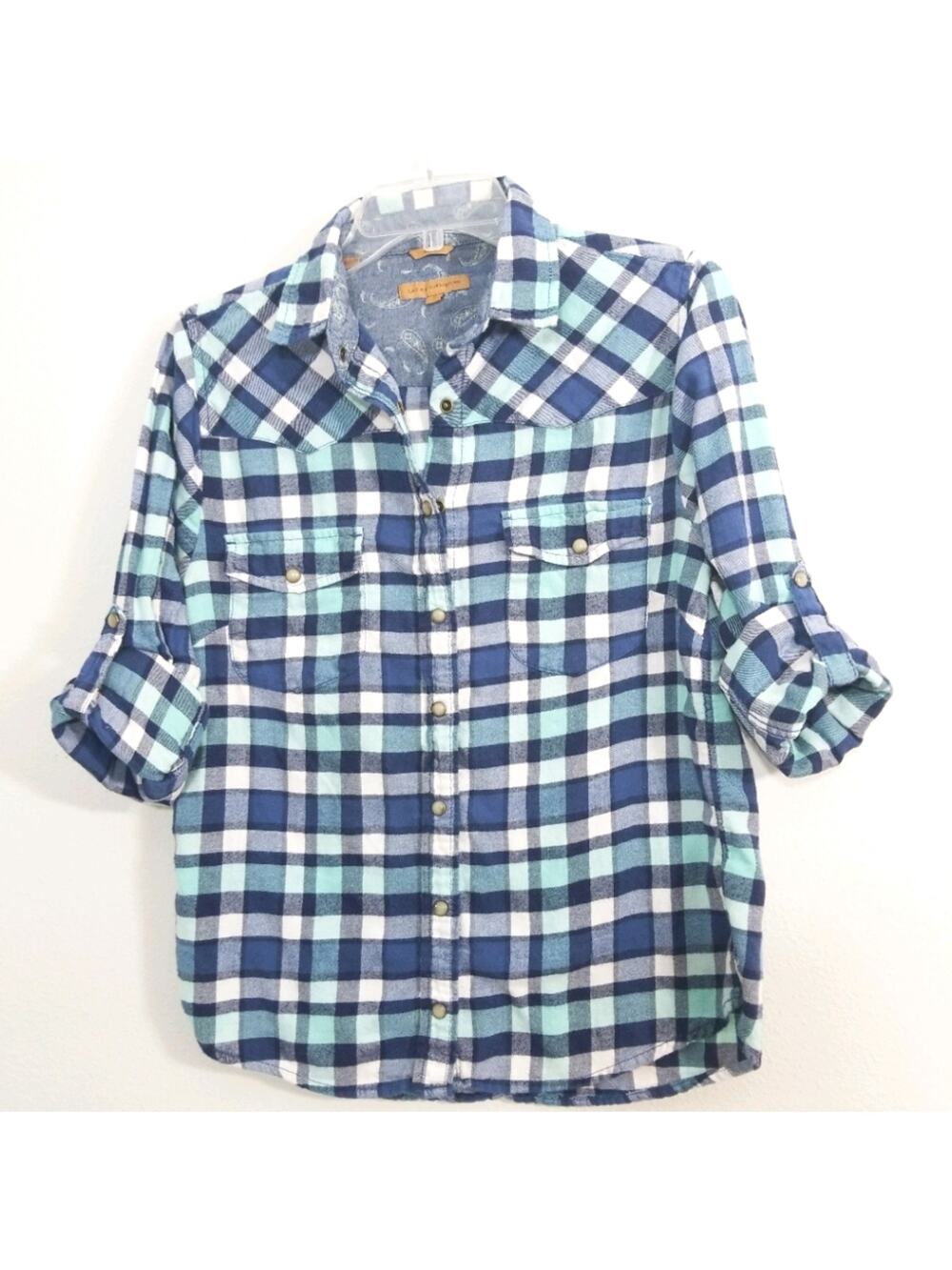 Jachs Girlfriend Bea blue plaid flannel snap shirt
